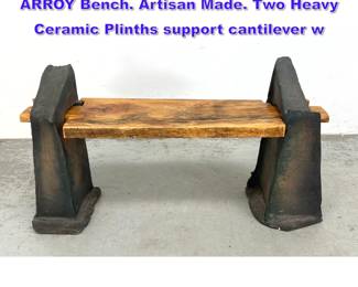 Lot 886 Terracotta Wood Slab ADEEN ARROY Bench. Artisan Made. Two Heavy Ceramic Plinths support cantilever w