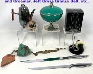 Lot 1145 7pc Metal Lot. Christofle Teapot and Creamer, Jeff Cross Bronze Bell, etc.