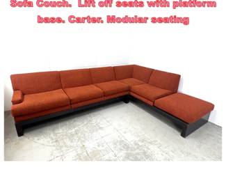 Lot 1709 Mid Century Modern 2 Section Sofa Couch. Lift off seats with platform base. Carter. Modular seating