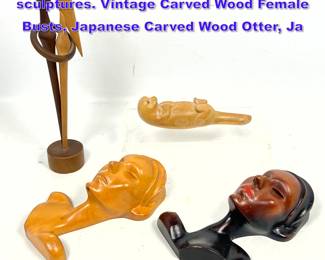 Lot 1151 Mid Century Modern Wood sculptures. Vintage Carved Wood Female Busts, Japanese Carved Wood Otter, Ja