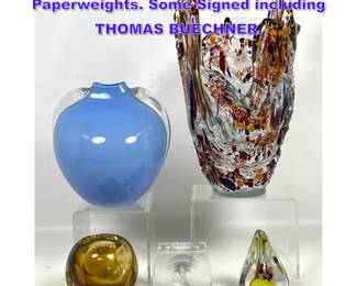 Lot 1164 5pc Art Glass Lot. Vases and Paperweights. Some Signed including THOMAS BUECHNER.