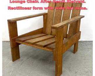 Lot 1442 MCM Dutch Wood Slat Crate Lounge Chair. After Gerrit Rietveld. Rectilinear form with wide flat arms.