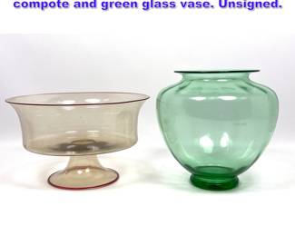 Lot 751 2pcs Italian Zecchin glass pink compote and green glass vase. Unsigned.