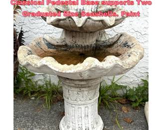 Lot 1703 Two Tiered Garden Birdbath. Neo Classical Pedestal Base supports Two Graduated Size Seashells. Paint