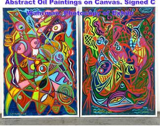 Lot 925 2pc Charles Wahrman Colorist Abstract Oil Paintings on Canvas. Signed C Wahrman. Photocopy of Exhibi