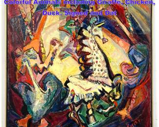 Lot 924 KUPER Modernist Abstract Painting. Colorful Animals including Giraffe, Chicken, Duck. Signed and Dat