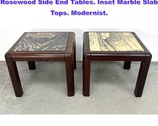Lot 1055 Pr TRIOHMOBLER Danish Rosewood Side End Tables. Inset Marble Slab Tops. Modernist.