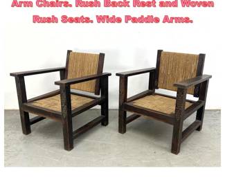Lot 1439 Pr Vintage French Carved Leg Arm Chairs. Rush Back Rest and Woven Rush Seats. Wide Paddle Arms. 