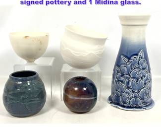 Lot 1134 5pcs Studio Art Pottery. 4 pieces signed pottery and 1 Midina glass.