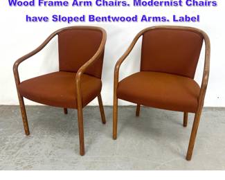 Lot 1042 Pr WARD BENNETT for BRICKEL Wood Frame Arm Chairs. Modernist Chairs have Sloped Bentwood Arms. Label