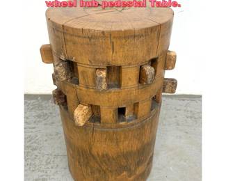 Lot 1512 Repurposed Rustic wooden wheel hub pedestal Table. 