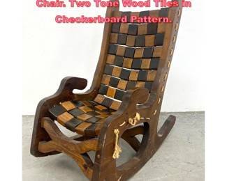 Lot 1621 Rustic Vermont Wooden Rocking Chair. Two Tone Wood Tiles in Checkerboard Pattern. 