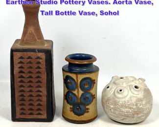 Lot 1160 3pcs Studio Pottery. Signed Glazed Earthen Studio Pottery Vases. Aorta Vase, Tall Bottle Vase, Sohol