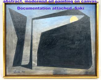 Lot 656 KINNOSUKE FUJISAKI Japanese abstract, modernist oil painting on canvas. Documentation attached. Saki