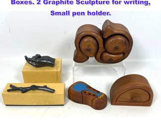Lot 1149 5pcs Desk Objects. 2 Studio wood Boxes. 2 Graphite Sculpture for writing, Small pen holder.