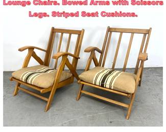 Lot 1464 Pr Vintage French Wood Deck Lounge Chairs. Bowed Arms with Scissors Legs. Striped Seat Cushions. 