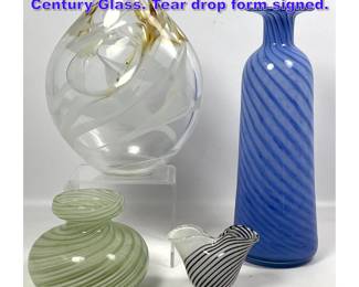 Lot 1137 4pc Art Glass Vases Bottles. Mid Century Glass. Tear drop form signed.