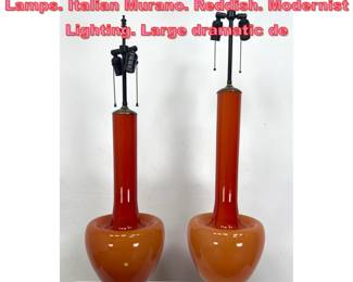 Lot 1261 Pr Long Necked Art Glass Table Lamps. Italian Murano. Reddish. Modernist Lighting. Large dramatic de