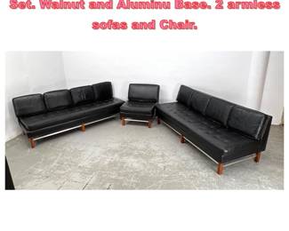 Lot 1741 Mid Century Modern Living Room Set. Walnut and Aluminu Base. 2 armless sofas and Chair. 