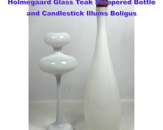 Lot 737 2pcs Danish Modern Denmark Holmegaard Glass Teak Stoppered Bottle and Candlestick Illums Boligus