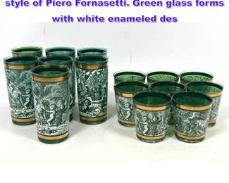Lot 1157 Set 15 drinking glasses, in the style of Piero Fornasetti. Green glass forms with white enameled des