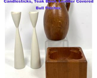 Lot 1140 Mid Century Modern Lot. Wood Candlesticks, Teak Bowl. Leather Covered Bull Pitcher.