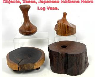 Lot 1504 3pcs Mid Century Studio Wood Objects, Vases, Japanese Ichibana Hewn Log Vase.