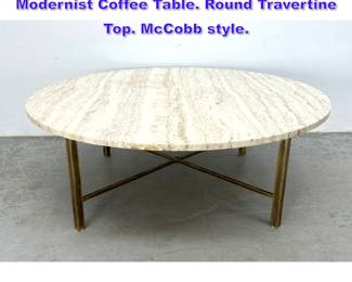 Lot 612 Travertine Marble Brass Frame Modernist Coffee Table. Round Travertine Top. McCobb style.