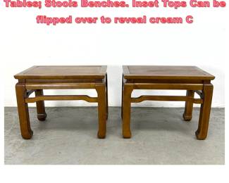 Lot 1411 Pr Asian inspired Wood Side Tables Stools Benches. Inset Tops Can be flipped over to reveal cream C