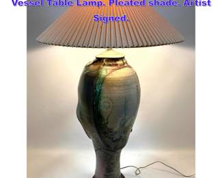 Lot 640 Large Tall Artisan Studio Pottery Vessel Table Lamp. Pleated shade. Artist Signed.