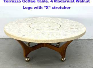Lot 601 Harvey Probber style Inlaid Marble Terrazzo Coffee Table. 4 Modernist Walnut Legs with X stretcher