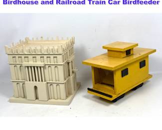Lot 1133 Artisan Made Folk Art Architectural Birdhouse and Railroad Train Car Birdfeeder
