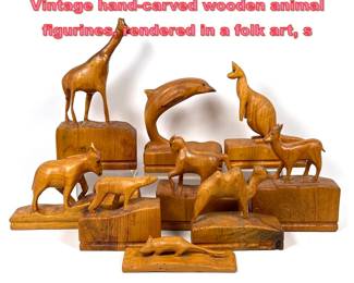Lot 1601 9pc Folk Art Animal carvings. Vintage handcarved wooden animal figurines, rendered in a folk art, s