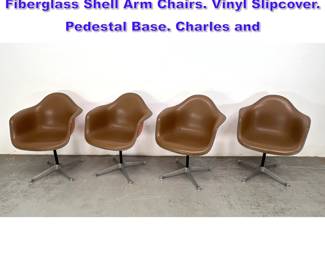 Lot 1084 Set 4 HERMAN MILLER Orange Fiberglass Shell Arm Chairs. Vinyl Slipcover. Pedestal Base. Charles and