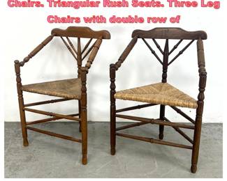 Lot 1556 Pr Continental Triangular Corner Chairs. Triangular Rush Seats. Three Leg Chairs with double row of 
