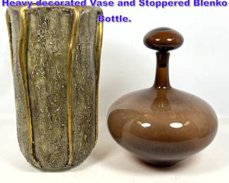 Lot 703 2pcs Mid Century Modern Glass. Heavy decorated Vase and Stoppered Blenko Bottle.