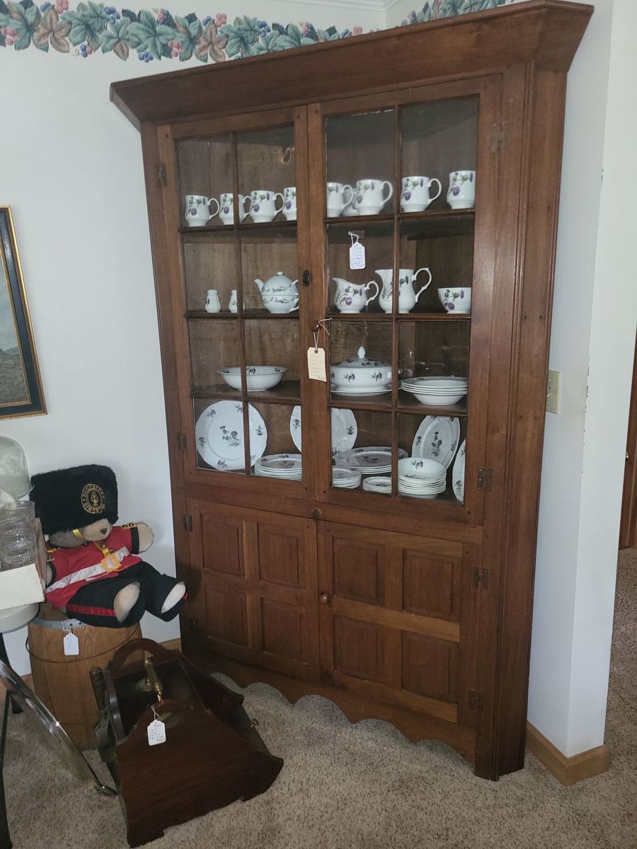 16 Pane Walnut Pegged North Carolina Corner Cupboard 