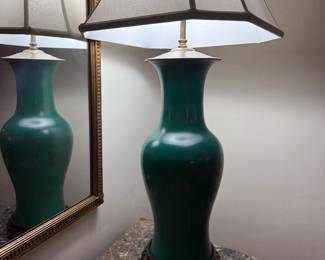 One of Pair of Green Porcelain Lamps