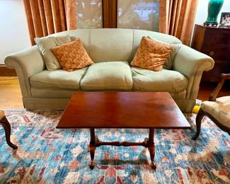 Comfy Moss Green Sofa/Antique Coffee Table