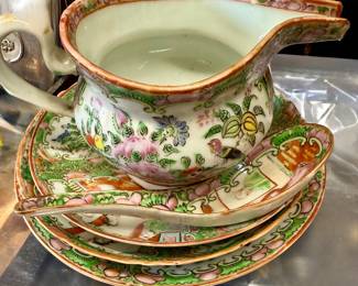 Antique Famille Rose Medallion Plates, Creamer, Soup Spoon