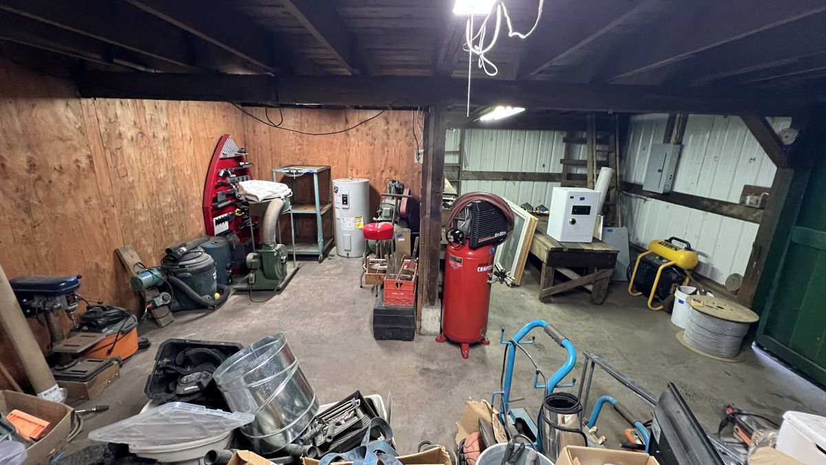 Lots include- contractor wire spool, house wrap and thresholds, digital safe, farm style work bench, Craftsman 30gal air compressor, marine parts, Milwaukee shop stool, locking utility trailer tool box, shop vac and dust collector, variable speed motor controller, drill press, and more!