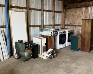 Newer washer and dryer, dresser, jewelers display, jet pallet jack, air compressor, metal shelving, jet air filter system, heater, furniture, and more.