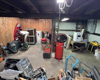 Lots include- contractor wire spool, house wrap and thresholds, digital safe, farm style work bench, Craftsman 30gal air compressor, marine parts, Milwaukee shop stool, locking utility trailer tool box, shop vac and dust collector, variable speed motor controller, drill press, and more!
