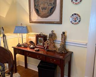 Small ant oriental rug in frame. Oriental figures. And antique plates. Carriage clock not old 