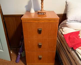 Mid century bedroom set has two of these small three drawer chests used as bed stands. 