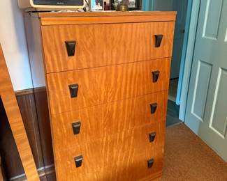 Tall chest of drawers with M/C era bedroom set.
Has twin beds with headboards to match. 
Also vanity. 
A vintage Quasar TV. ONE OF TWO. Both with remotes. 
