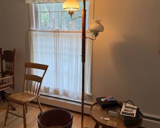 M-C pole lamp. 
Very nice wooden tub. 
Primitive chair. 