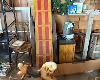 Nice toboggan. Vintage rocking horse. 