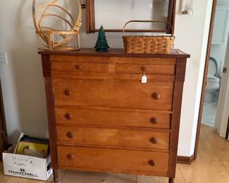 Very nice cherry chest. 
Large frying rack. 
Vintage ceramic tree with lights. 
Box of classical record albums. 
Quilting forms. 