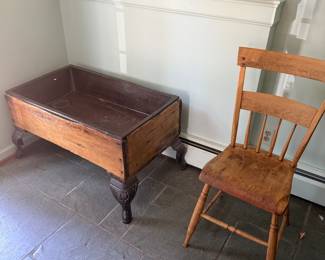Primitive chair. 
Child’s cast iron lined tub with cast iron legs. 
